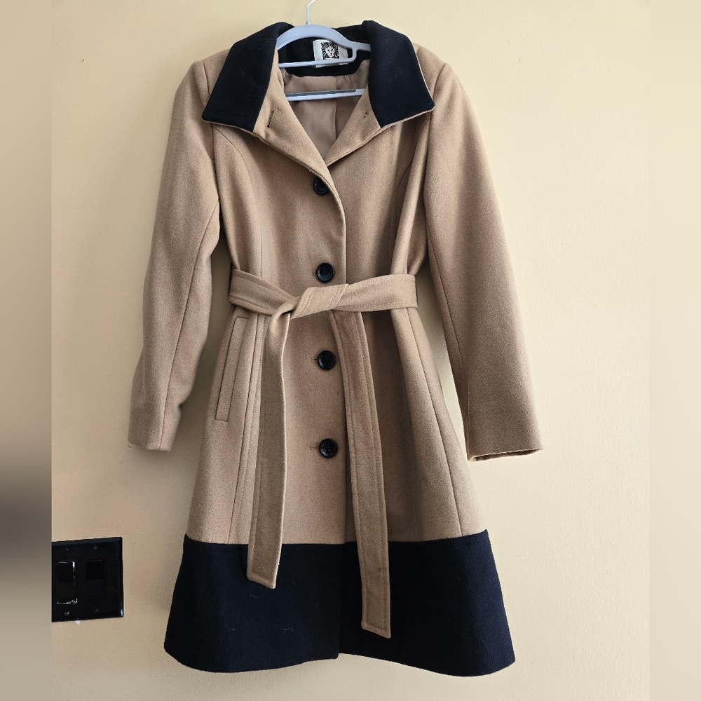 Anne Klein Wool Blend Stylish Tan and Black Belted Trench Coat